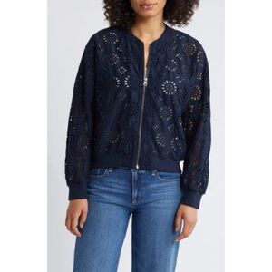 Caslon Dark Blue Lace Bomber Jacket